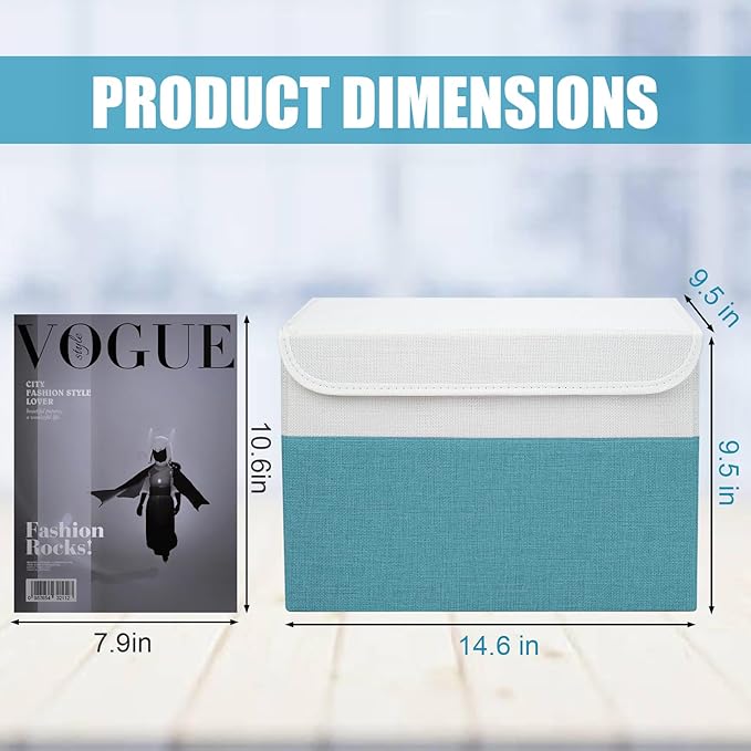 Bagnizer Large 22 Quart Linen Fabric Foldable Storage Bin Cube Organizer Basket with Flip-Top Lid &amp Handles Clothes Blanket Box for Home Office Closet Teal &amp White 4 Pack 14.6 x 9.5 x 9.5