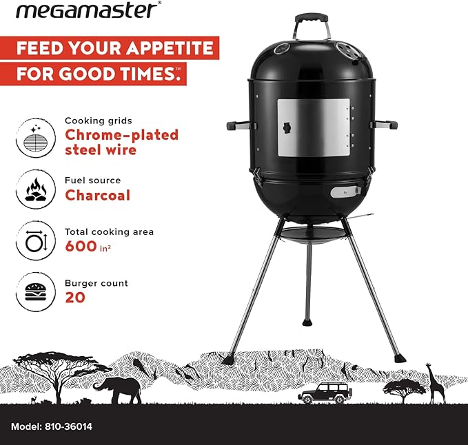 Megamaster Vertical 18 Inch Charcoal BBQ Smoker 4-in-1 Portable Outdoor Grill with Adjustable Air Vent 600 SQ. In Cooking Area Built-in Temperature Gauge BBQ Grill for Camping Picnics - 810-36014