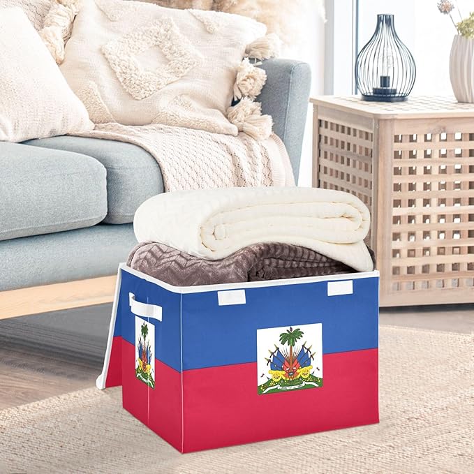 Haiti Flag Haitian National Blue Red Storage Bins with Lids Collapsible Closet Organization Storage Bins with Handles