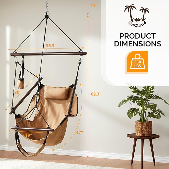 ONCLOUD Upgraded Unique Hammock Hanging Sky Chair Air Deluxe Swing Seat with Rope (Tan)
