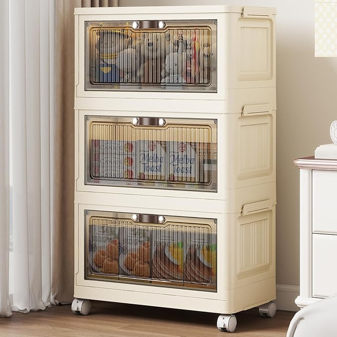 3 Tier - 48QT Storage Bins with Lids Collapsible Storage Bins with Doors and Wheels Plastic Storage Cabinet for Easy Storage and Organization for Living Room Office