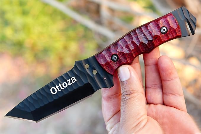 Ottoza Tanto Tactical Knife with Fixed Blade and Horizontal Carry Leather Sheath - Compact Military EDC Knife - Dark Red Micarta Handle 381