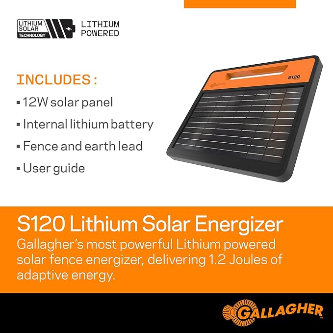 Gallagher S120 Lithium Solar Fence Charger | 1.2 Joule Energizer Powers Up to 35 Miles or 120 Acres | Solar Lithium Iron Phosphate Battery | Adaptive Power Control | Portable and Weather Resistant