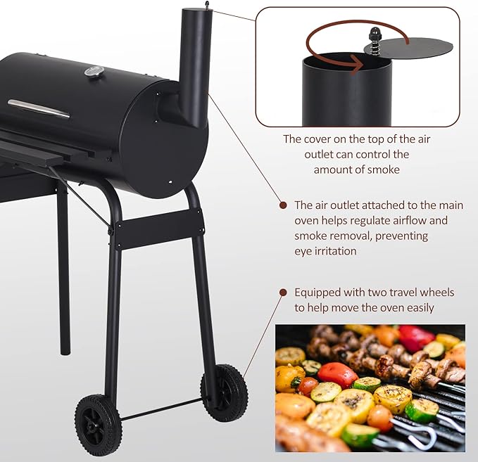 Charcoal Grills Outdoor BBQ Grill Offset Smoker with Wheels Side Fire Box Portable Barbecure Grill for Outdoor Cooking Backyard Camping PicnicsBlack