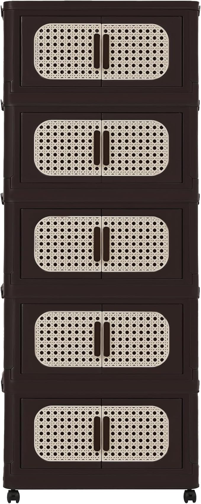 5 Tiers Folding Storage Cabinet20 Side Wide Stackable Storage Bins with Doors and Wheels Space Saving Plastic Cabinet for Living Room Office Dorm Retro Brown