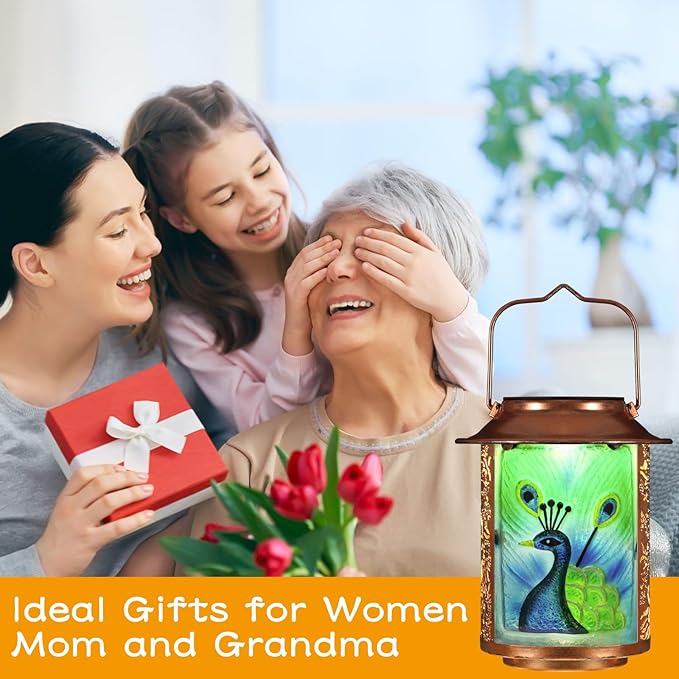 Peacock Solar Lanterns Outdoor WaterproofBirthday Gifts for Women Mom Grandma Garden DecorHanging Solar Lights Wall Mount Decorations for YardFront PorchPatioLawn Pathway Landscape