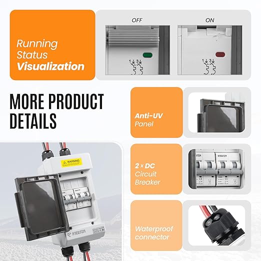 Solar Panels Disconnect Switch 40A 1000VDC PV Shut Off Switch 2 String Circuit Breaker Box IP66 Waterproof UV-Proof