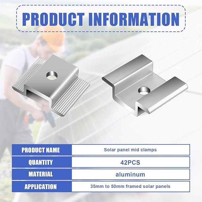 42 Pack Solar Panel Mid Clamps Solar Panel Clamps Bulk Solar Panel Bracket Aluminium Mounting Accessories for Solar Panel Mounting for Tin Roof Flat Roof Sheet Roof Silver
