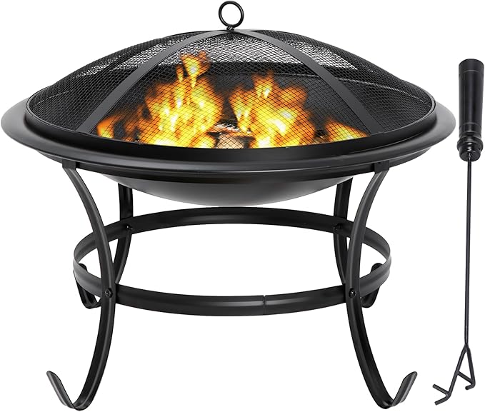 22Inches Fire Pit Outdoor Steel Wood Burning BBQ Grill Firepit Bowl Fireplace with Mesh Screen &amp Fire Poker Log Grate