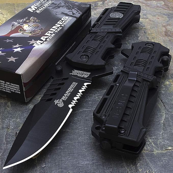 MTECH USA Pocket Folding Knife Licensed by USMC Pocket Clip Tactical Survival Rescue EDC (1000 Black)