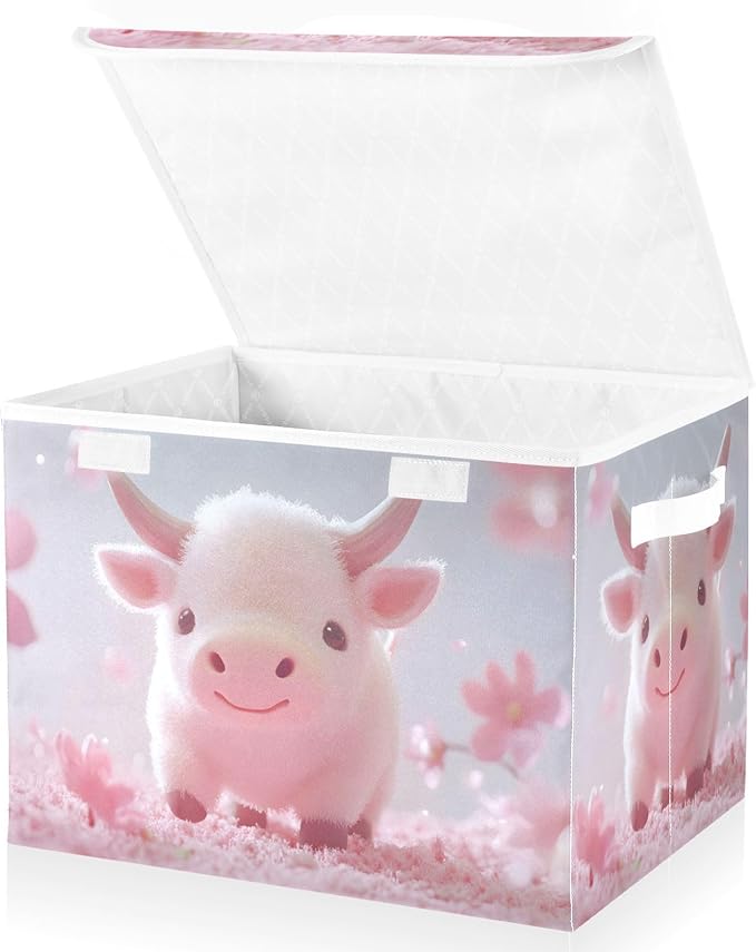 AIXIWAWA Lidded Storage Cube (Cute Cow) Fabric Foldable Closet Bins with Flip Lid and Handles Organizer Basket Container 16.5 x 12.6 x 11.8 IN