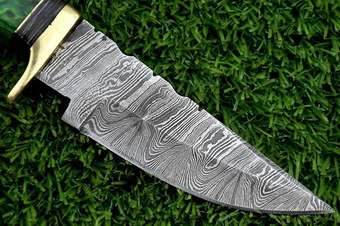 8-Inch Hand-Forged Damascus Steel Hunting Knife Fixed Blade Skinning Design with Leather Sheath Multicolor Wood Handle Brass Guard Twist Pattern Blade for Camping (Green)