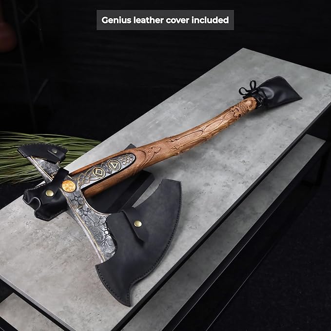 AncientSmithy Leviathan Axe Metal Replica with Glow-in-The-Dark-Runes - Hardened High Carbon Steel Blade - Leather Sheath - Hand Carved Handle