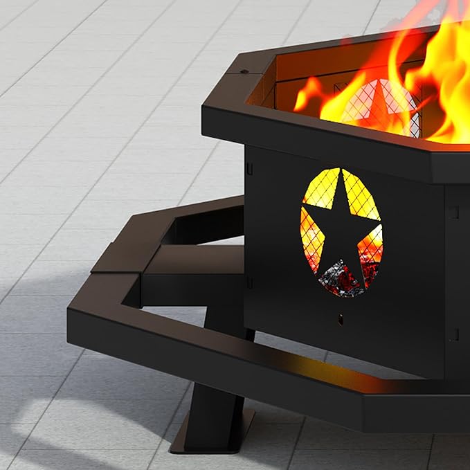 45 Inch Fire Pit for Outside Wood Burning Outdoor Octagonal Fire Pit with Poker Large Firepit for Camping Backyard Patio Black