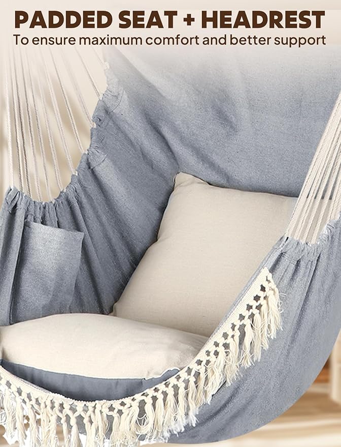 Chihee Hammock Chair Hanging Swing 2 Pillows IncludedStrong Webbing Straps and Hooks for Easy Hanging Soft Cotton Hanging Chair Side Pocket Tassel Chair Comfort Indoor Outdoor Light Grey