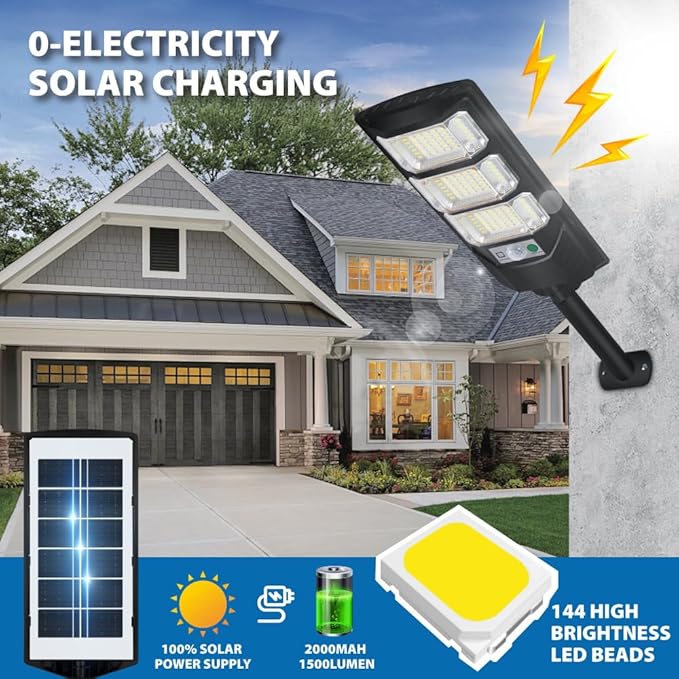 Solar Outdoor Light 2 Pack 144 LED 6500K Dusk to Dawn Solar Powered Street Light IP65 Waterproof Motion Sensor Security Flood Light with Remote Control Smart Light for Patio Barn Yard Garage