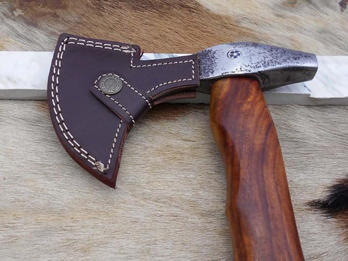 Damascus Depot Camper Axe 14 Inches Long Hand Forged Carbon Steel with Rose Wood Round Handle Bearded Hiking Battle Axe Thick Cow Hide Leather Sheath