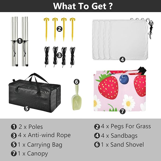 xigua Strawberries Beach Tent Sun Shelter with Carrying Bag - Silver Coated Oxford Fabric Beach Canopy for Beach Camping Fishing - Includes Windproof Ropes Sandbags &amp Stakes
