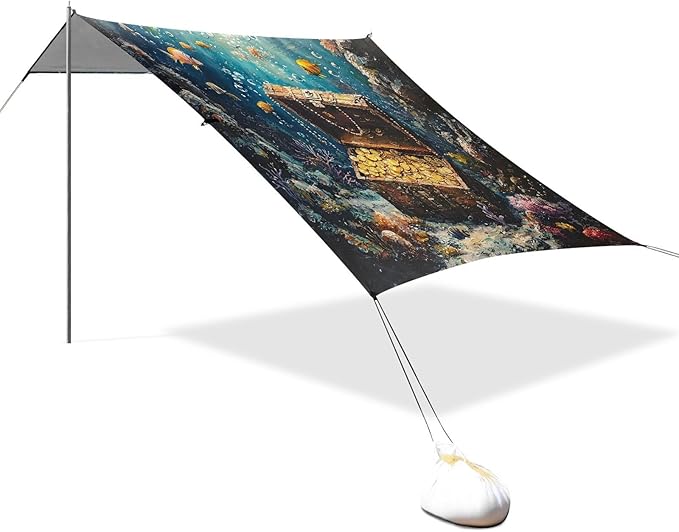 ALAZA Undersea Treasure Fish Beach Tent Sun Shelter UPF50+ Protection Beach Shade Canopy w/ 4 Sandbags for Outdoor Camping Fishing Backyard Fun Picnic 10x9 ft