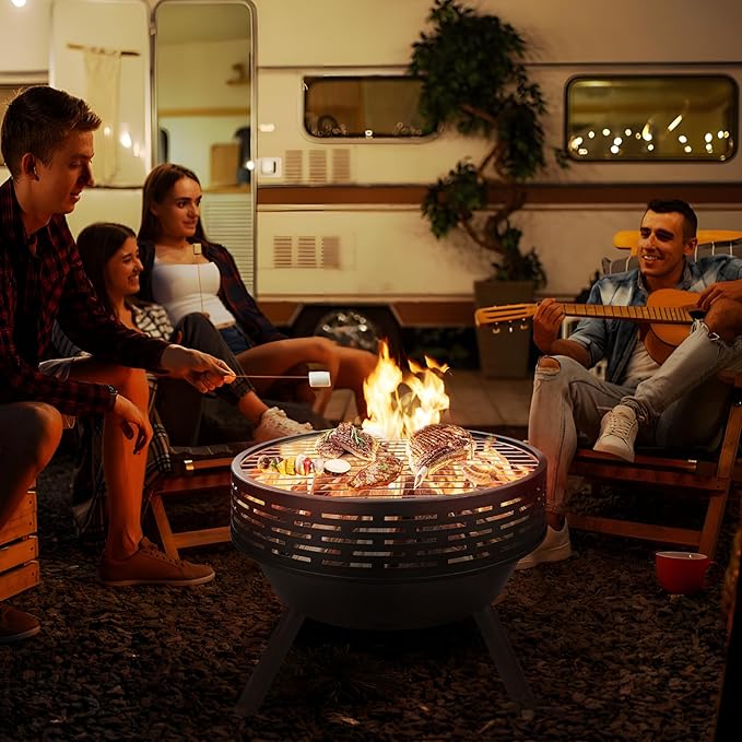 23 Inch Cast Iron Round Fire Pit with Grill 3-in-1 Outdoor Fire Bowl Fire Pit Table with Metal Lid and Fire Poker Wood Burning Firepit for BBQ Bonfire Patio Picnic