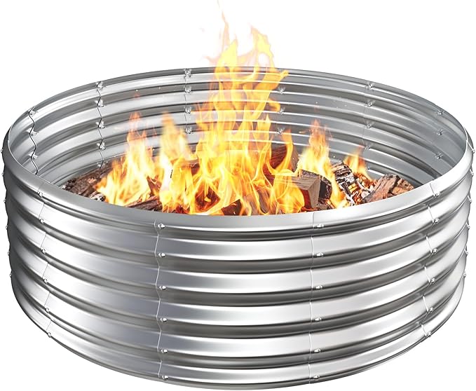 Metal Fire Pit Ring/Bonfire Fire Ring- 48 Inches Diameter 0.7 MM Thick1.5 ft High Durable and Stylish for Outdoor Fire PitsPatios and Camping (Silver 4X4X1.5 ft)