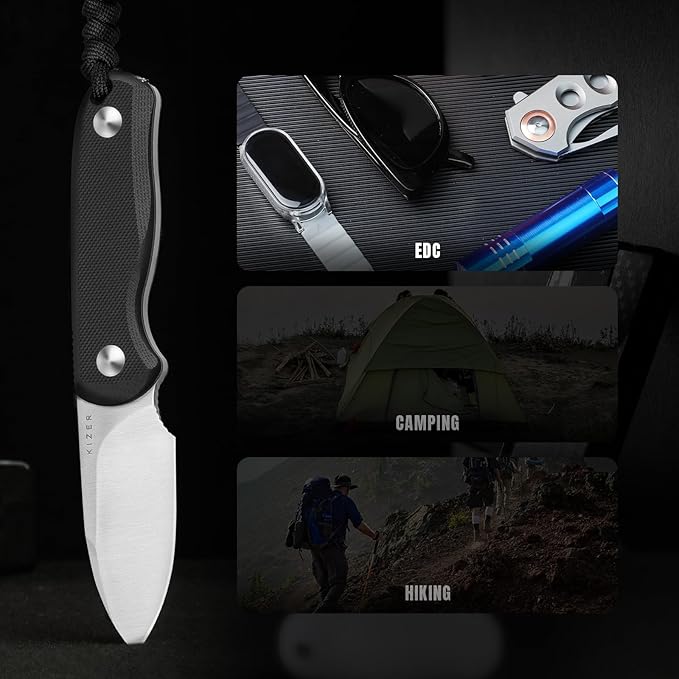 Kizer Drop Bear Fixed Blade Knife 2.57 D2 Satin Blade EDC Camping Knife with Black G10 Handle and Hidden Tools Outdoor Full Tang Hunting Survival Knives with Adjustable Kydex Sheath 1094M2
