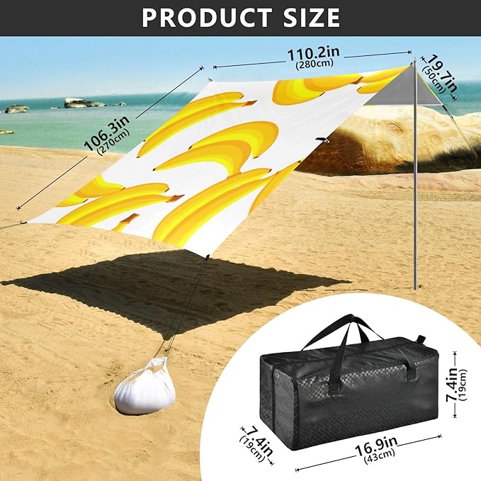 Beach Canopy with Windproof Ropes &amp Sandbags Beach Tent Sun Shade Sun Shelter for Camping Trips Fishing Backyard Fun or Picnics Banana