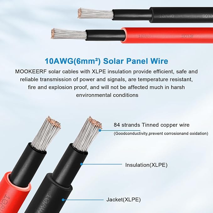 Solar Panel Extension Cable - 10AWG 10FT Solar Wire with Female &amp Male Waterproof Connector Flame Retardant Protective Sleeving PV Wire for RV Photovoltaic Systems Home Boat Solar Panels Car