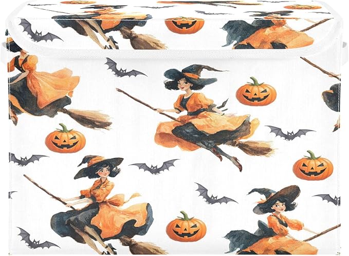 Halloween Baskets Collapsible Storage Bins with Lids Witch Pumpkin Bat Pattern Storage Boxes Clothes Baskets for Organizing