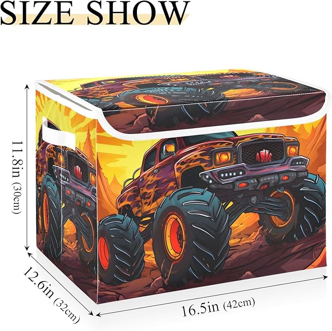 Vnurnrn Monster Truck Sports Storage Cube with Lid Collapsible Large Capacity Foldable Storage Basket Bin Organizer 16.5×12.6×11.8 IN