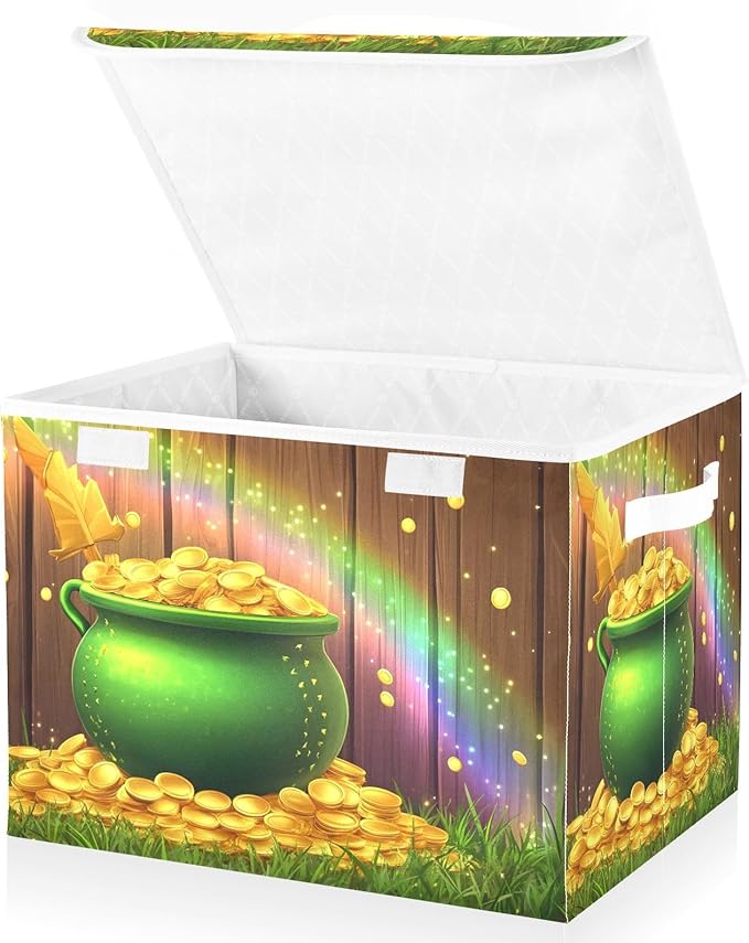 Christmas Storage Baskets with Lids St. Patrick's Day Coin Clover Collapsible Bins Stackable Fabric Linen Baskets Closet Organizer Container 16.5x12.6x11.8