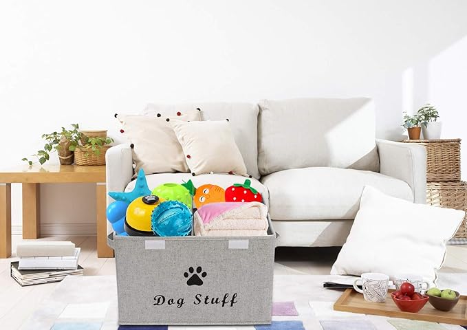 Dog toy box with lid dog storage organizer perfect basket for dog toys living room playroom closet home organization and storage - Gray Stripe