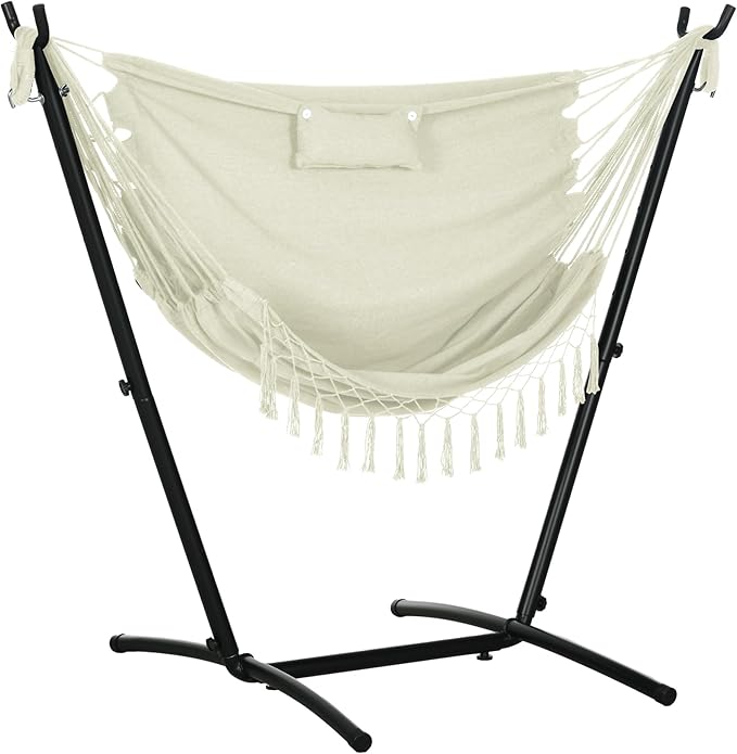 Outdoor Hammock Chair with Stand Patio Swing Hanging Chair with Pillow and Side Pocket 330 lbs Capacity Steel Frame Lounge Chair for Garden Balcony Cream White