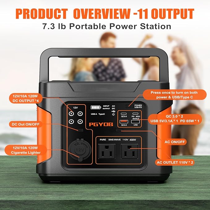 PGYOB 400W Portable Power Station 296Wh Outdoor Solar Generator Backup Ternary Battery Pure Sine Wave Power Pack with AC/DC Outlet PD 65W USB-C Outlet for Home Camping RV Blackout CPAP