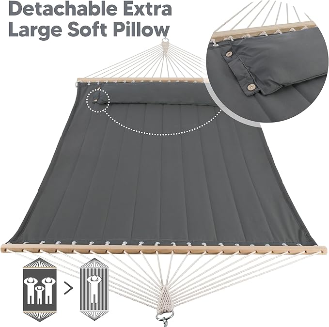 SUNCREAT Portable Tree Hammock with Hardwood Spreader Bar Extra Large Soft Pillow Heavy Duty 2 Person Hammock for Indoor Outdoor Gray