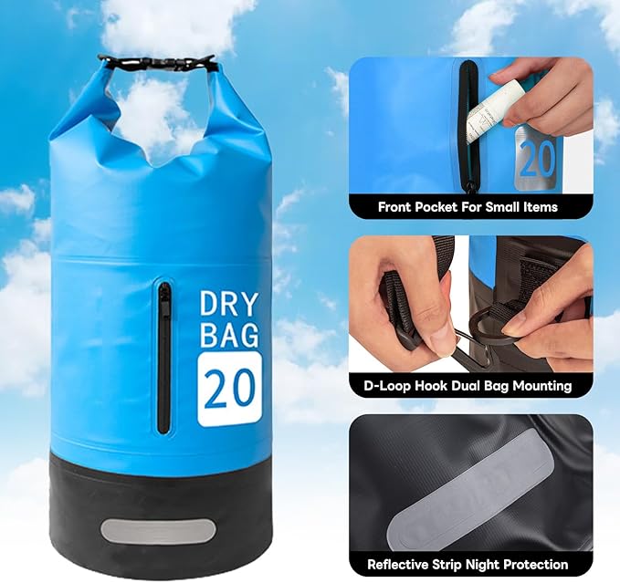 doorslay 20L Watertight Dry Bag Backpack - Roll Top PVC Kayaking Bag with Front Pocket for Swimming Camping Hiking &amp Beach Activities (20L+2L)