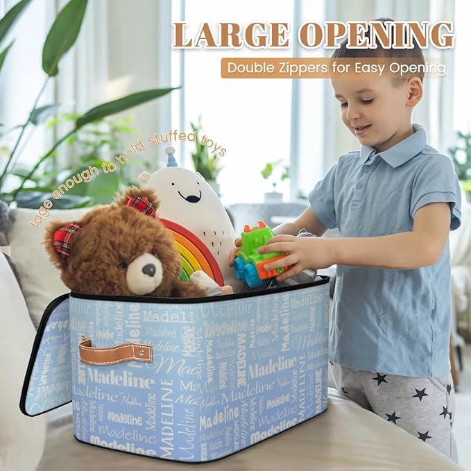 Custom Storage Basket with Name Personalized Keepsake Box with Zipper Lid Foldable Fabric Memory Bin Large capacity with Handle White Blue