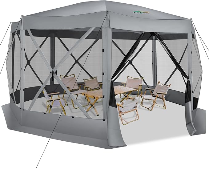 COBIZI Pop Up Gazebo Screen Tent Screen House for Camping 15x15 Screen Room with Mosquito Netting Hub Tent Instant Screened Canopy with Carrying Bag and Ground Stakes Gray