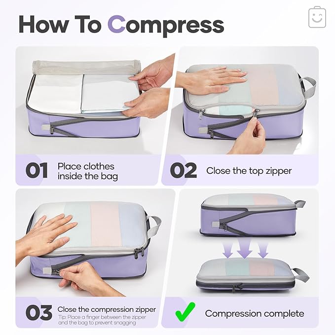 Veken 9/11 Set Compression Packing Cubes for Travel EssentialsCompressible Expandable Large Luggage Suitcase Organizer Bags for ClothingDurable Space Saver Storage Bags(Purple Gray)