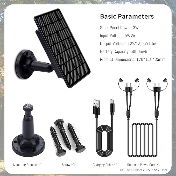 3W Trail Camera Solar Panel with Build-in 5000mAh Rechargeable Lithium Battery Solar Battery Charger Kit for Hunting Game Cameras or Deer Feeder Accessory 12V/1A 6V/2A IP65 Waterproof Solar Panel