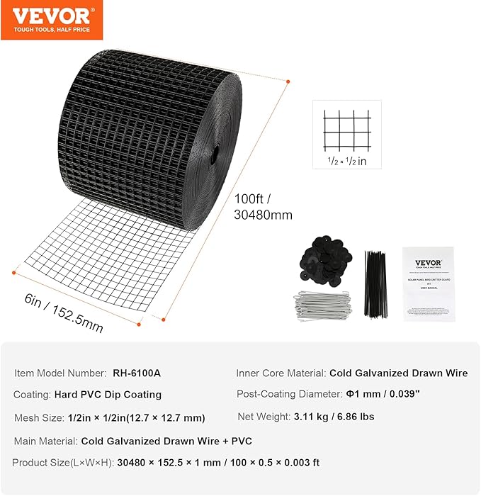 VEVOR 6 inch x 100ft Solar Panel Bird Guard Critter Guard Roll Kit with 60pcs Durable Metal Fasteners Solar Panel Guard with Rust-Proof PVC Coating 1/2 inch Wire Roll Mesh