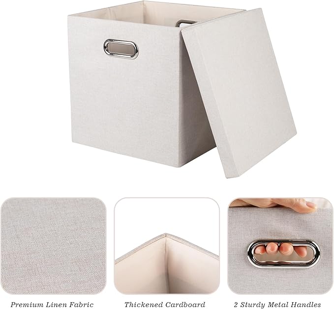Storage Bins with Lids Collapsible Linen Fabric Boxes Organizer Containers with Lid Foldable Storage Box Basket for Closet Shelves Home Office 12 x 12 x 12.4 Inch 4 Pack Beige
