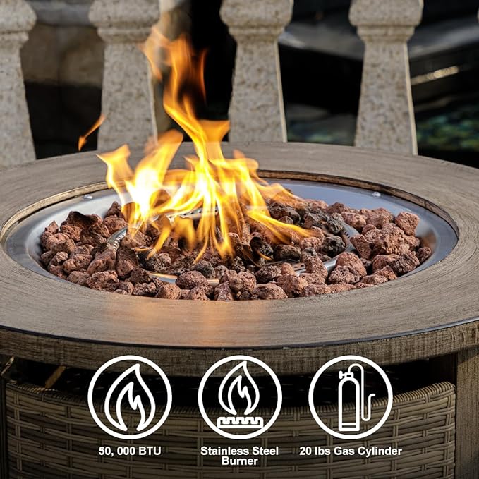 OutVue 32 inch Propane Fire Pit TableWicker Gas Fire Pits Table with Lid &amp Lava Rocks 50000 BTU Round Propane Firepit for Outside Fire Table for DiningParty PatioYard