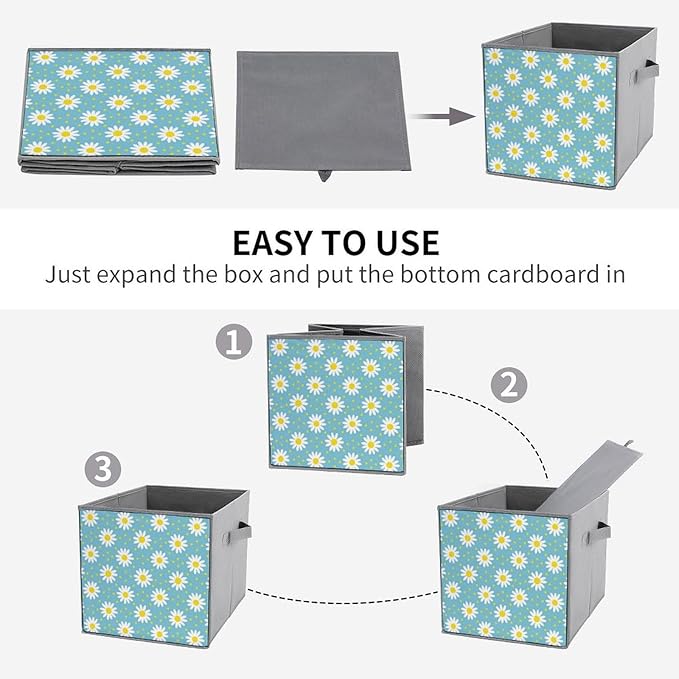 Practical Folding Storage Bins Daisy Flowers Sturdy Container for Wardrobe Kitchen Simplistic Storage Solution