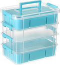 JUXYES 4-Tiers Stack Carry Storage Box With 2 Divided Tray Transparent Stackable Storage Bin With Handle Lid Latching Storage Container for School &amp Office Supplies Blue