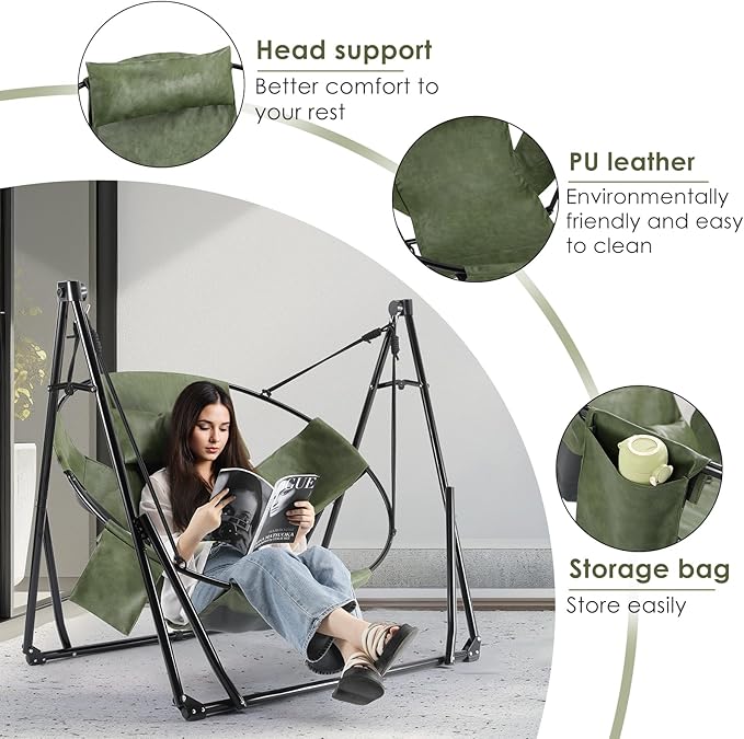 Arlopu 3 in 1 Portable Hammock with Steel StandFoldable PU Leather Swing Chair6-Level Standing Hammocks Included Carrying BagSide PocketPillowfor OutsideIndoorYardGardenPatioCamping(Green)