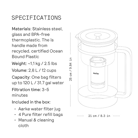 Aarke Purifier Large Glass Pitcher Bundle w/Steel Filter BPA-Free 4 Pure Refill Granules - Filters Heavy Metals 2.8L Pitcher with 1.66L Filtration Capacity