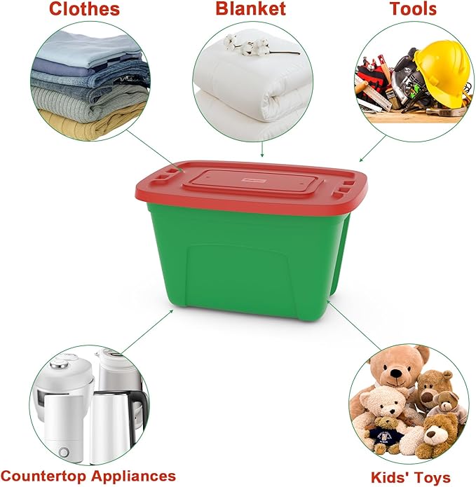 4-Pack Christmas Storage Totes with Lids - Made in USA 18-Gallon(72-Quart)Red Storage BinsHoliday OrganizerPlastic Stackable Large Storage Boxes for HomeOfficeGarageBasement Red/Green