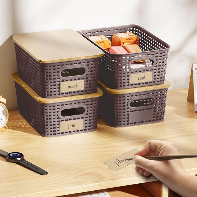 6Pcs Storage Bins with Lids Stackable Plastic Storage Basket with Bamboo Lid Pantry Organizer Box Small Containers for Organizing Shelves Drawer Desktop Closet Cabinet Office Classroom 10x7.1x4.1in