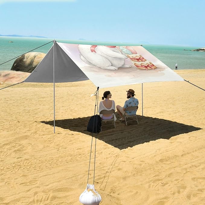 Beach Canopy with Windproof Ropes &amp Sandbags Beach Tent Sun Shade Sun Shelter for Camping Trips Fishing Backyard Fun or Picnics Easter Bunny
